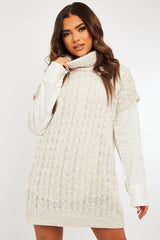 Beige Roll Neck Cable Knit Vest - Emira-Jumper