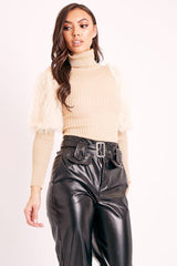 Beige Roll Neck Fluffy Sleeve Ribbed Top - Kacey-Tops