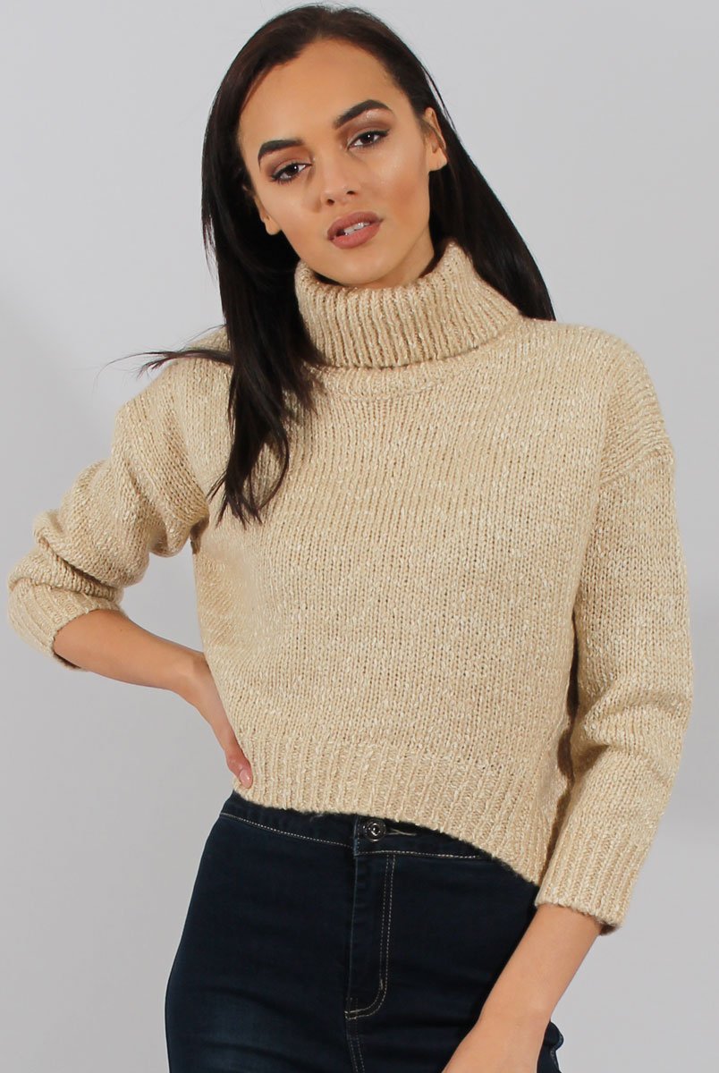 Beige Rollneck Knitted Cropped Jumper - Regean-Jumper