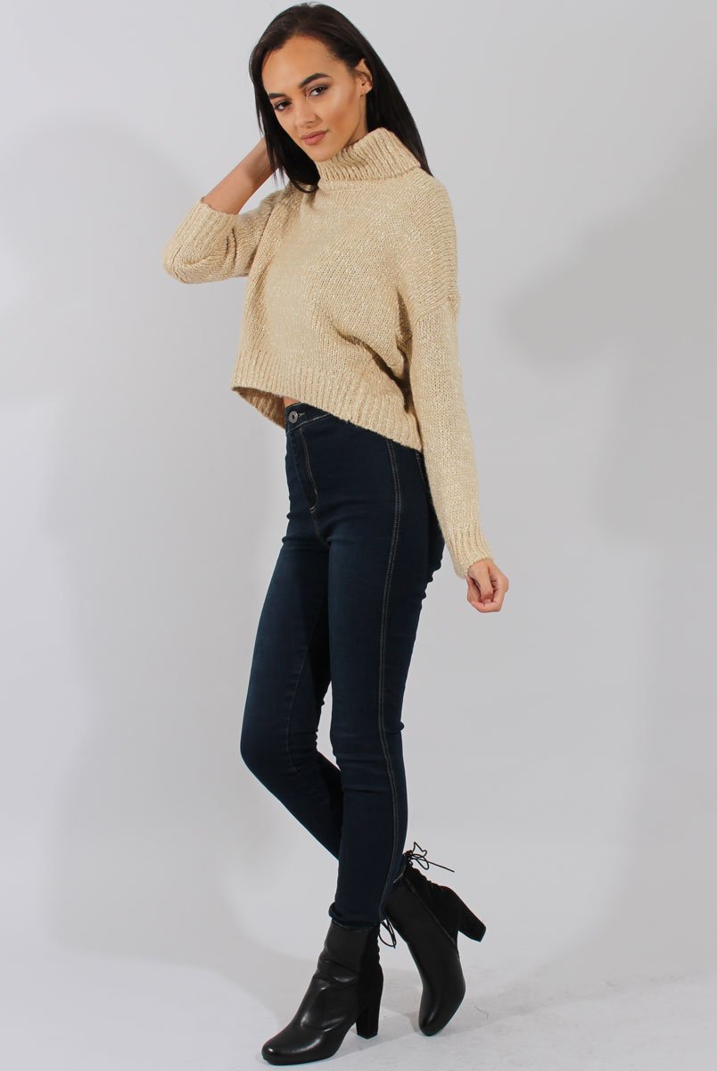 Beige Rollneck Knitted Cropped Jumper - Regean-Jumper