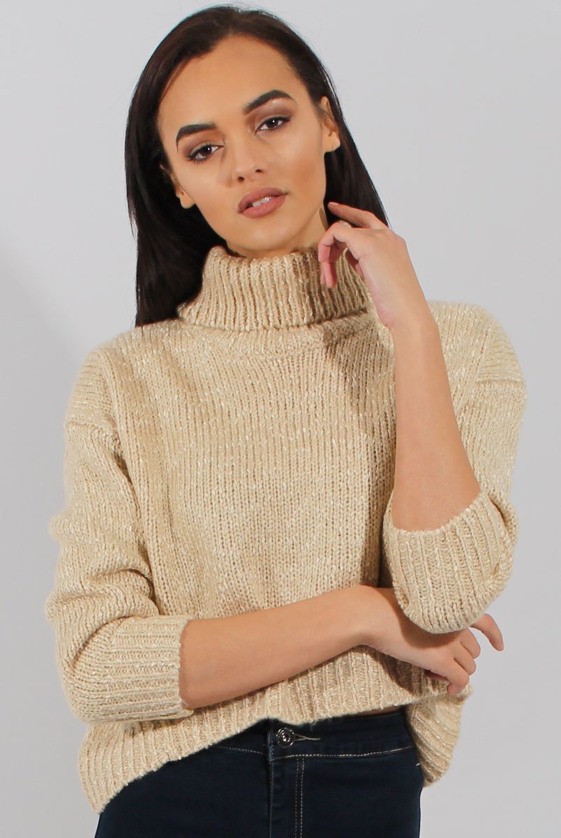 Beige Rollneck Knitted Cropped Jumper - Regean-Jumper