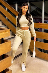 Beige Round Neck Cropped Sweatshirt - Lenny-Sweatshirts