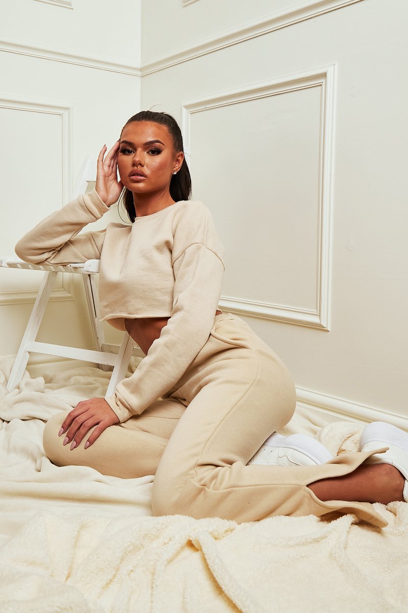 Beige Round Neck Cropped Sweatshirt - Lenny-Sweatshirts