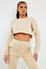 Beige Round Neck Cropped Sweatshirt - Lenny-Sweatshirts