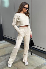 Beige Round Neck Cropped Sweatshirt - Lenny-Sweatshirts