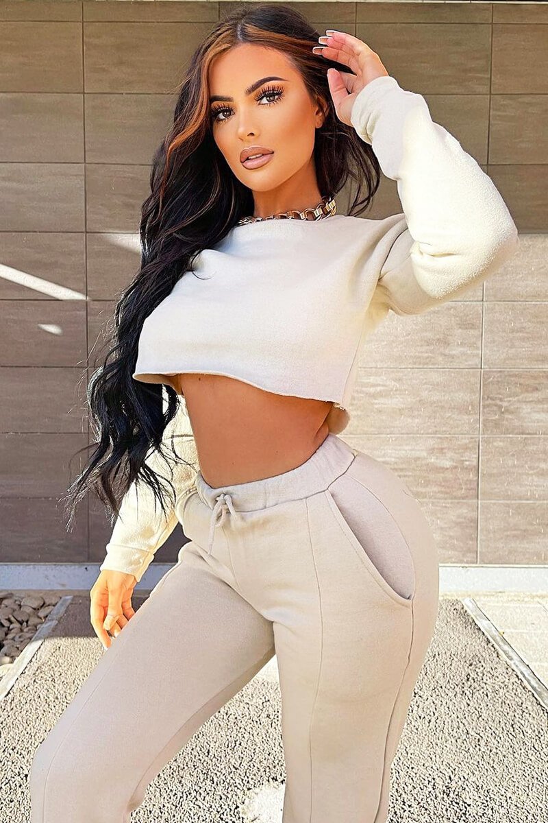 Beige Round Neck Cropped Sweatshirt - Lenny-Sweatshirts