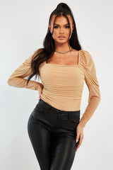 Beige Ruched Body Mesh Sleeve Bodysuit - Raeya-Bodysuits