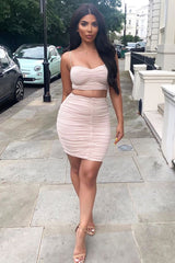 Beige Ruched Detail Crop Top Skirt Co-ord - Eilish-Co-ords