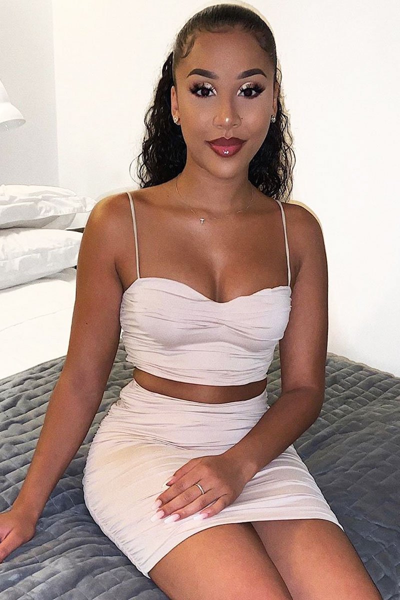 Beige Ruched Detail Crop Top Skirt Co-ord - Eilish-Co-ords