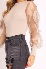 Beige Ruched Detailed Puff Sleeves Ribbed Top - Taliya-Tops