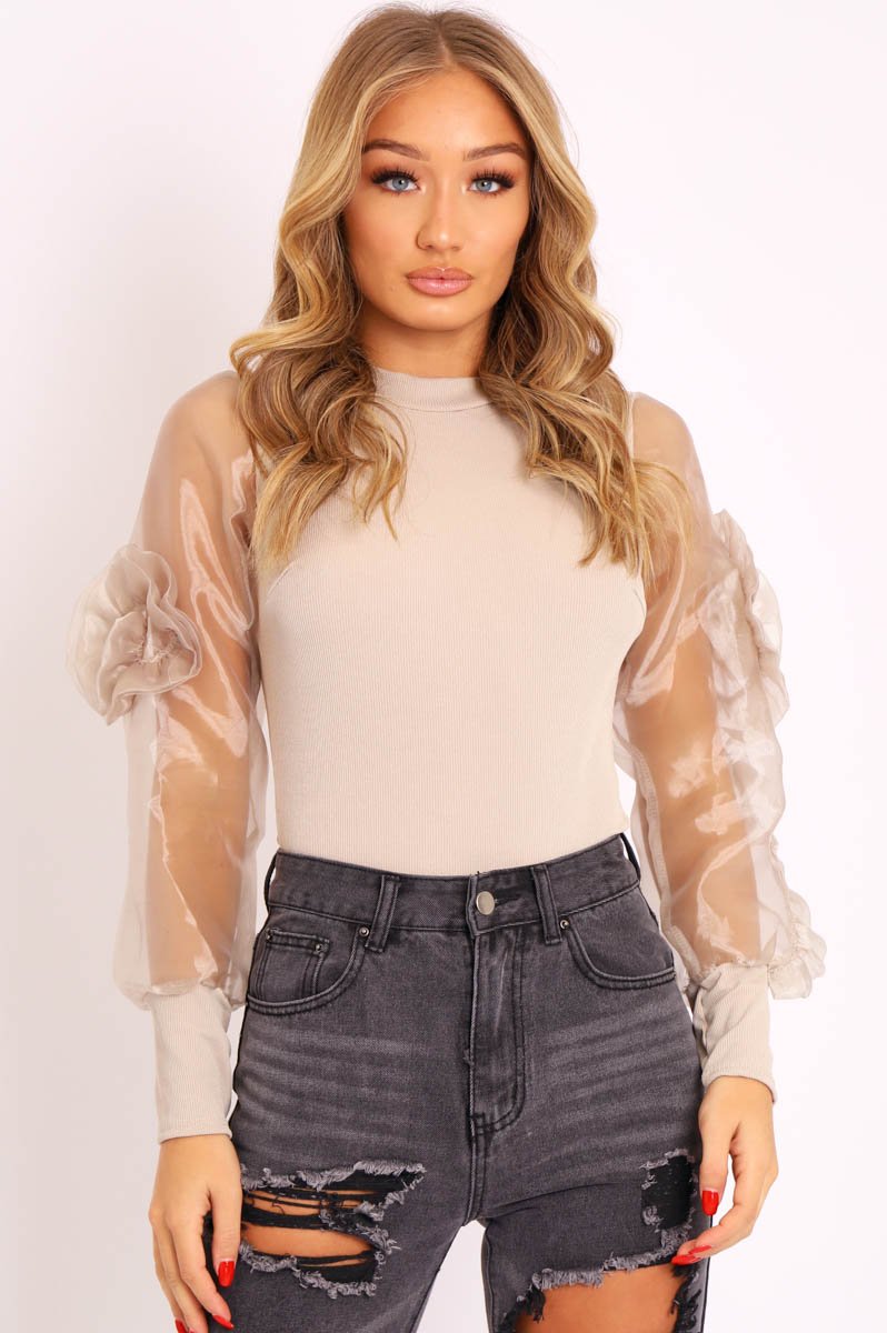 Beige Ruched Detailed Puff Sleeves Ribbed Top - Taliya-Tops