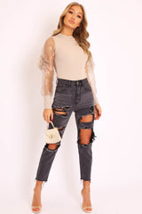 Beige Ruched Detailed Puff Sleeves Ribbed Top - Taliya-Tops