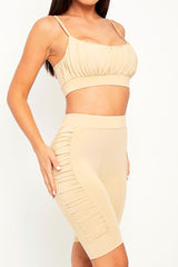 Beige Ruched Panel Crop Top + Cycling Shorts Co-ord - Zariah-Co-ords