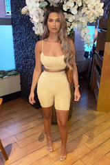 Beige Ruched Panel Crop Top + Cycling Shorts Co-ord - Zariah-Co-ords