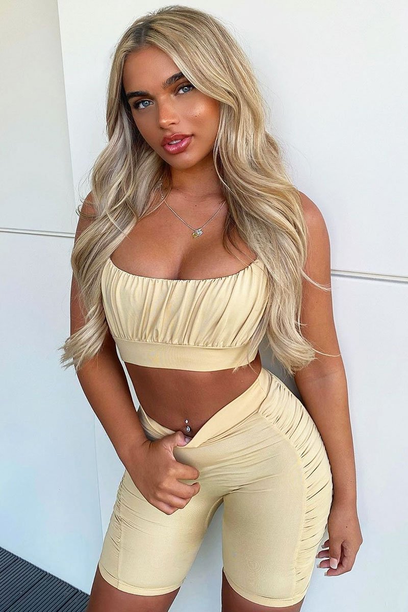 Beige Ruched Panel Crop Top + Cycling Shorts Co-ord - Zariah-Co-ords