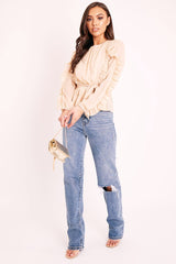 Beige Ruffle Belted Waist Metallic Finish Blouse - Betsey-Blouse