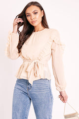 Beige Ruffle Belted Waist Metallic Finish Blouse - Betsey-Blouse