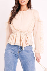 Beige Ruffle Belted Waist Metallic Finish Blouse - Betsey-Blouse