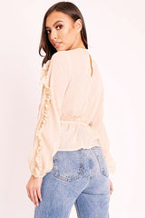 Beige Ruffle Belted Waist Metallic Finish Blouse - Betsey-Blouse