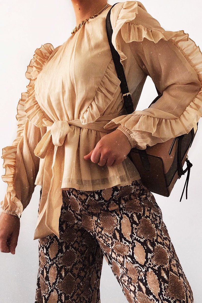 Beige Ruffle Belted Waist Metallic Finish Blouse - Betsey-Blouse