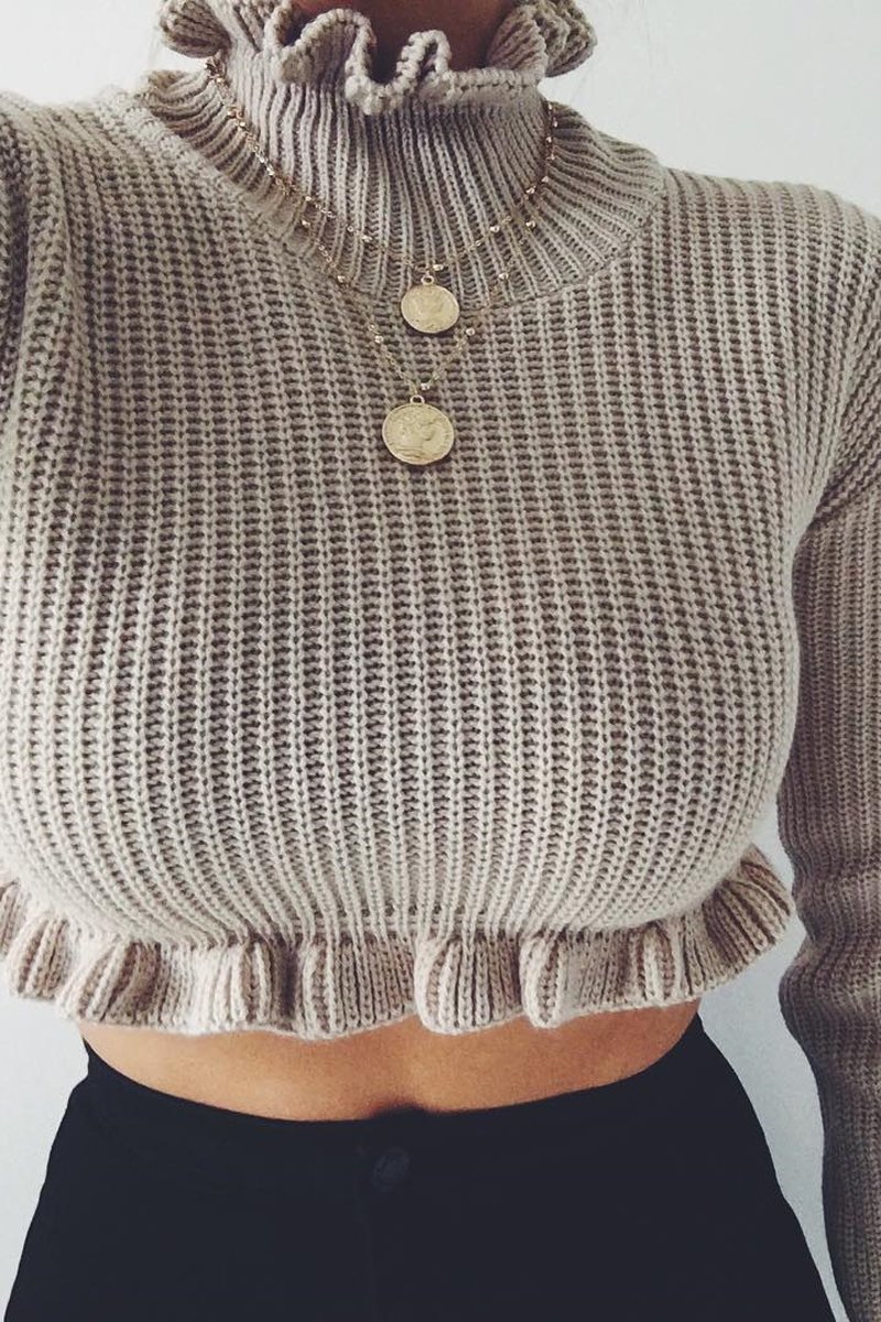 Beige Ruffle Hem Chunky Knit Crop Jumper - Alannah-Crop Jumper