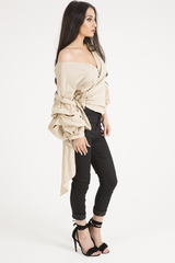 Beige Ruffle Sleeve Crop Top - Susie-Crop Tops