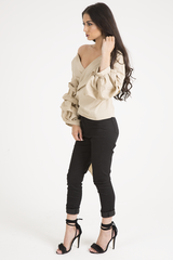 Beige Ruffle Sleeve Crop Top - Susie-Crop Tops