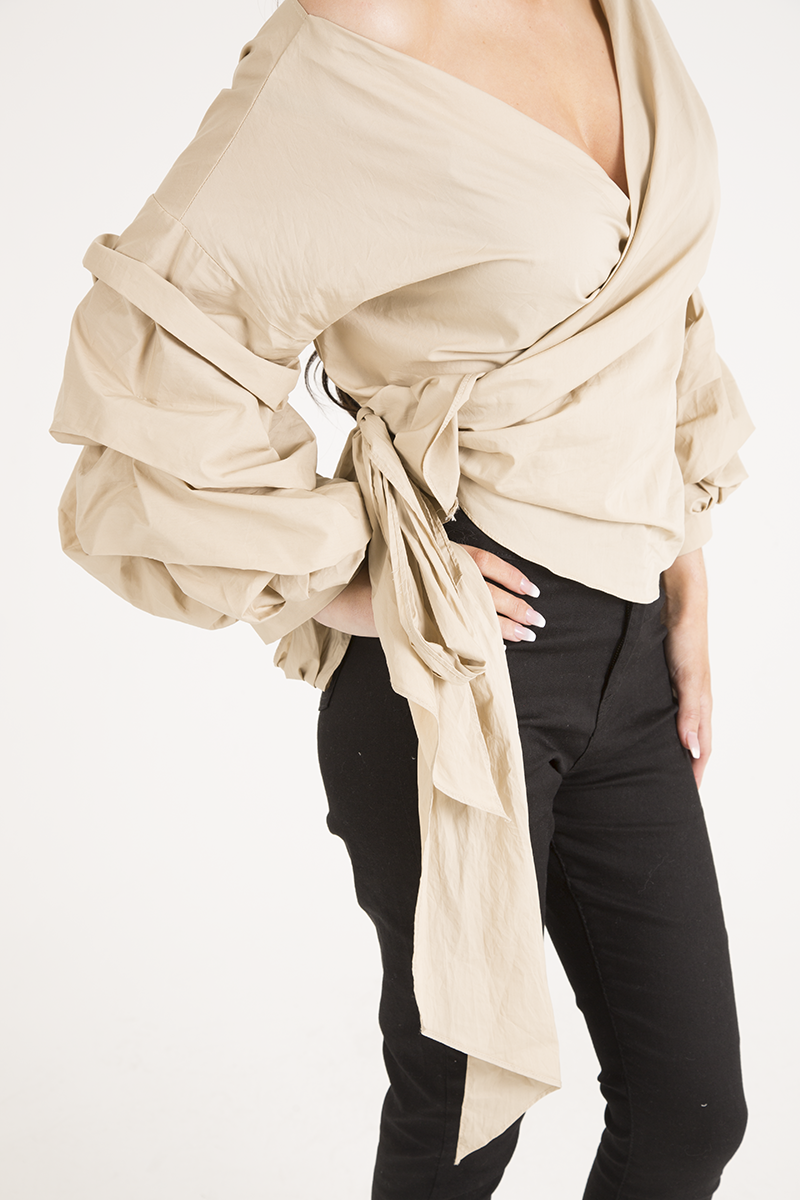Beige Ruffle Sleeve Crop Top - Susie-Crop Tops