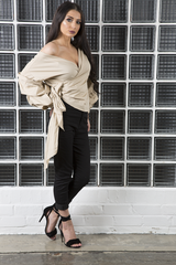 Beige Ruffle Sleeve Crop Top - Susie-Crop Tops