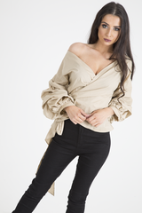 Beige Ruffle Sleeve Crop Top - Susie-Crop Tops