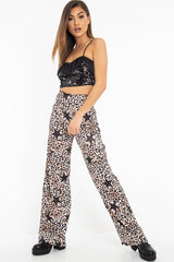 Beige Satin Leopard Print Star Detail Wide Leg Trousers - Pippa-Trousers