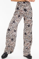 Beige Satin Leopard Print Star Detail Wide Leg Trousers - Pippa-Trousers
