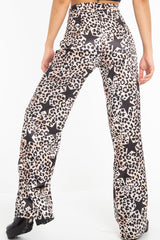 Beige Satin Leopard Print Star Detail Wide Leg Trousers - Pippa-Trousers
