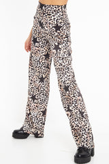 Beige Satin Leopard Print Star Detail Wide Leg Trousers - Pippa-Trousers