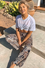 Beige Satin Leopard Print Star Detail Wide Leg Trousers - Pippa-Trousers