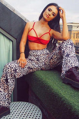 Beige Satin Leopard Print Star Detail Wide Leg Trousers - Pippa-Trousers