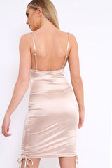 Beige Satin Ruched Bodycon Dress - Aara-Dresses