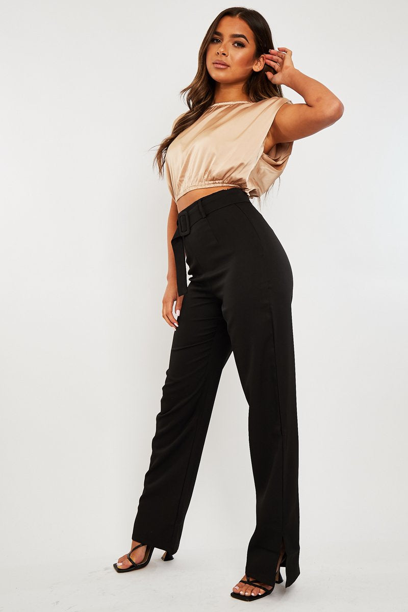 Beige Satin Ruched Shoulder Pad Crop Top - Darina-Crop Tops