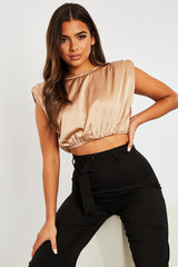 Beige Satin Ruched Shoulder Pad Crop Top - Darina-Crop Tops