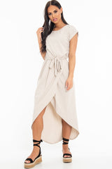 Beige Scoop Neck Belted Wrap Maxi Dress - Allie-Dresses