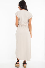 Beige Scoop Neck Belted Wrap Maxi Dress - Allie-Dresses