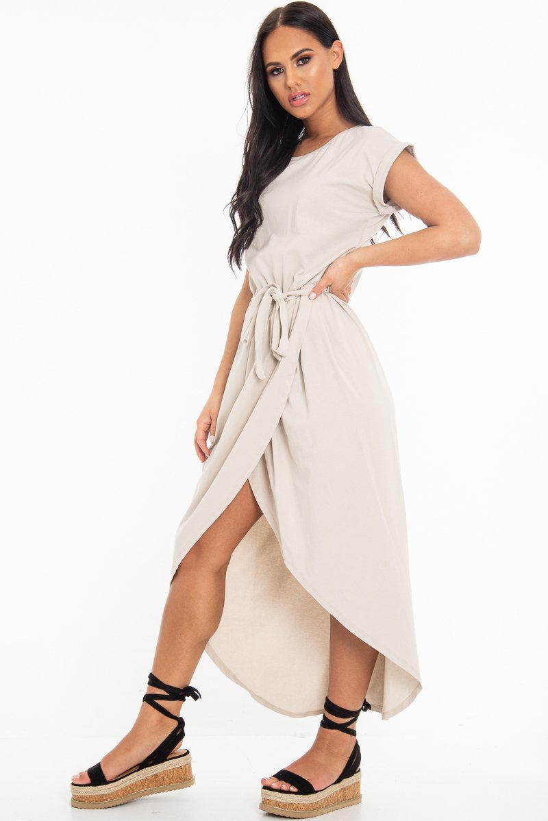 Beige Scoop Neck Belted Wrap Maxi Dress - Allie-Dresses