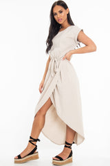 Beige Scoop Neck Belted Wrap Maxi Dress - Allie-Dresses