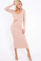Beige Scoop Neck Rib Knit Midi Dress - Mariana-Dresses
