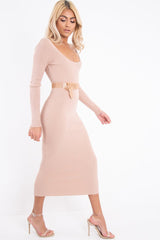 Beige Scoop Neck Rib Knit Midi Dress - Mariana-Dresses