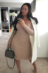 Beige Scoop Neck Rib Knit Midi Dress - Mariana-Dresses