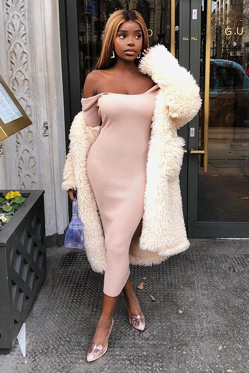 Beige Scoop Neck Rib Knit Midi Dress - Mariana-Dresses