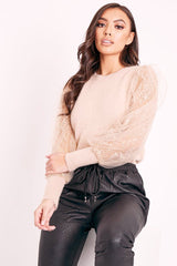 Beige Sequin Mesh Sleeve Fluffy Yarn Jumper - Olisa-Jumper