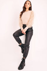 Beige Sequin Mesh Sleeve Fluffy Yarn Jumper - Olisa-Jumper