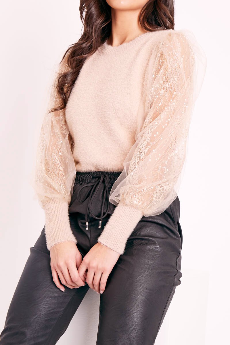 Beige Sequin Mesh Sleeve Fluffy Yarn Jumper - Olisa-Jumper